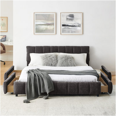 Grand lit tapissier, cadre de lit rembourré confortable, tissu, avec tête de lit et tiroir de rangement. - Gris foncé