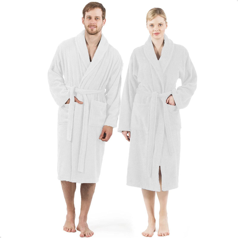 Cotton Terry Cloth Above Knee Bathrobe with Pockets, White
