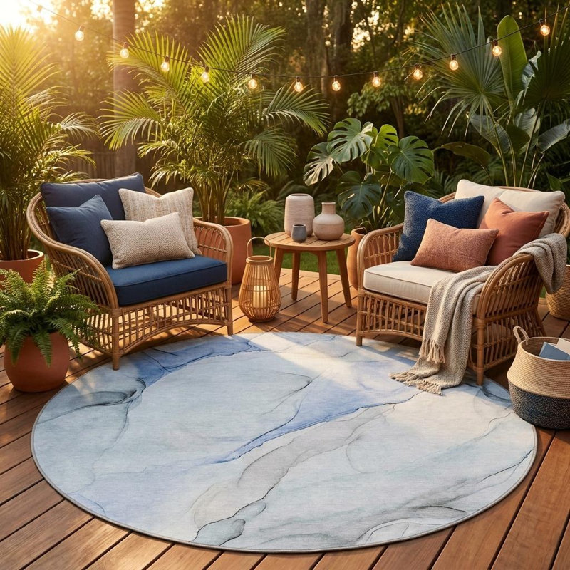 Tapis extérieur rond lavable et antidérapant rond ivoire et gris de 8 pi