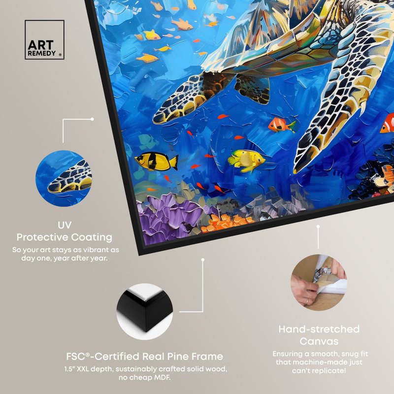 Colorful Coastal Turtle Swimming Canvas Wall Art in Black Frame