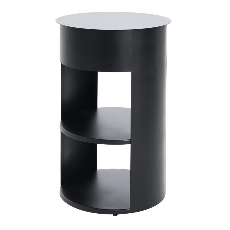 Table d'appoint ronde à 3 niveaux en métal avec porte coulissante, finition noire matte, construction en fer, élégance instantanée, sans tracas, beaucoup de rangement, convenant au salon, au chevet ou au coin lecture