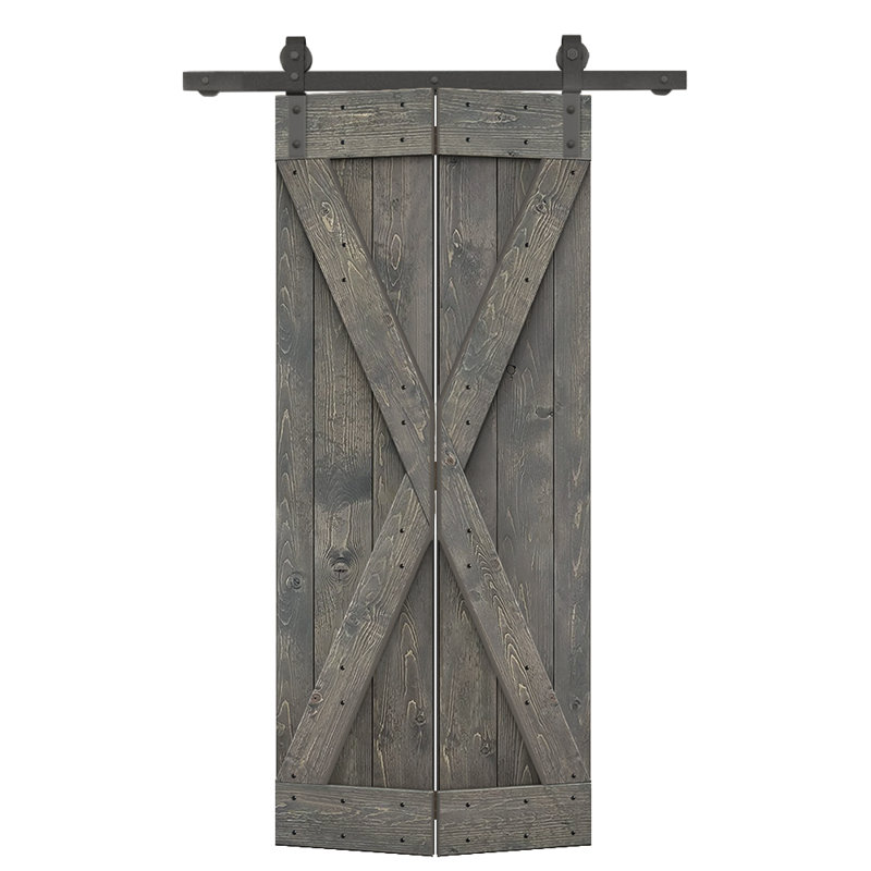 Porte de grange pliante pré-assemblée en bois avec quincaillerie coulissante, 36" x 84", Gris patiné