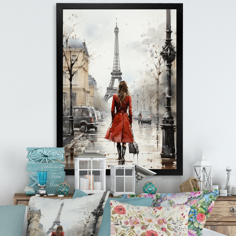 «Lady in Red Vintage Paris Watercolor», reproduction sur toile, H 44 po x l 34 po x P 1,5 po, Cadre simple noir