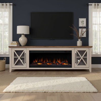 Fireplace TV Stand for TVs up to 100 Inches, 83" W x 17" D x 26" H, Wood, 1 Piece, Fireplace TV Console, Beige, 42" Electric Fireplace and Glass X-Pane Doors
