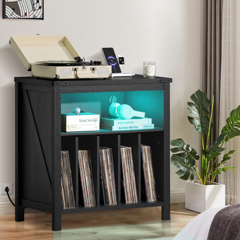 Large Record Player Stand With Charging Station & LED Lights, Black