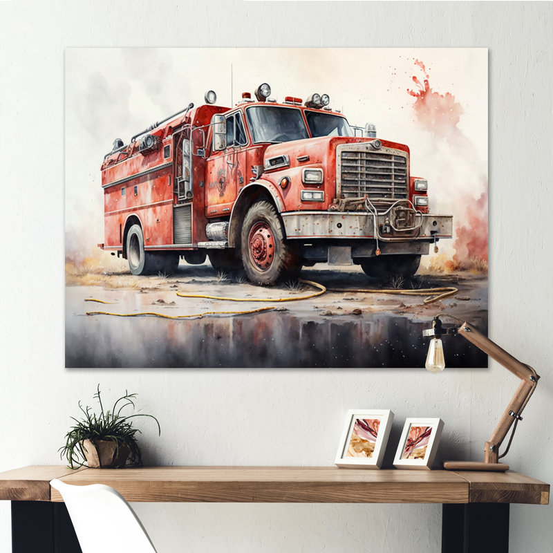 Fiery Pursuit II - camion de pompiers, impression sur toile, L 32 po x H 16 po, Toile tendue