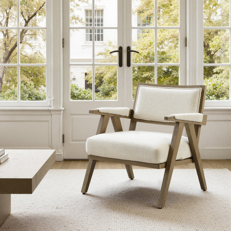 27.56'' W Solid Wood Frame Upholstered Accent Armchair, White Boucle