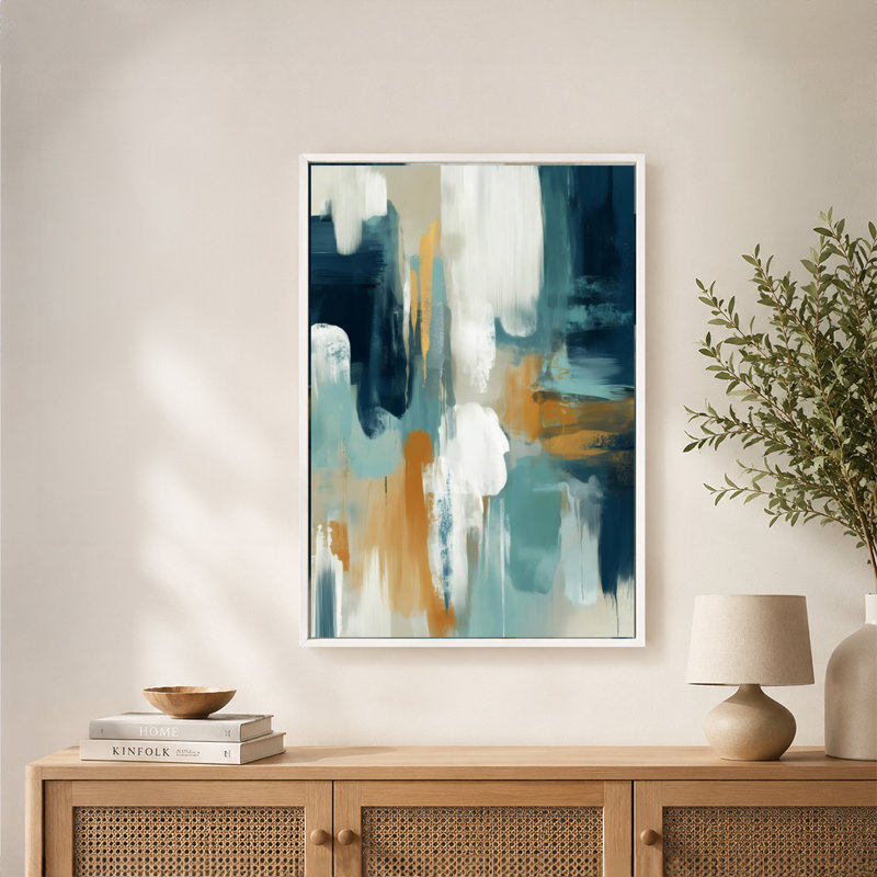 Art mural abstrait bleu sarcelle avec cadre flottant, bleu sarcelle, prêt à être accroché, 16 x 24 po, Blanc