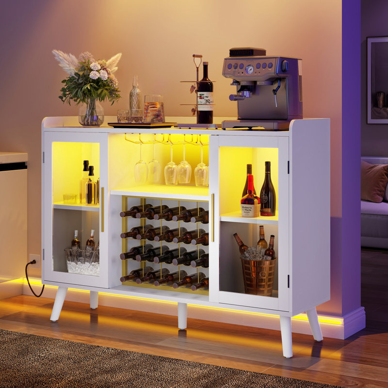 Brevan Wood Bar Cabinet with LED Lights and Power Outlets, White
