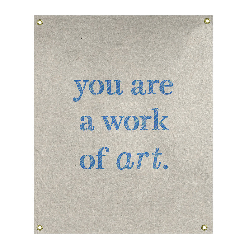 Tapisserie de travail en polyester d’art sur les citations, H 80 po x l 59 po, Blanc / Bleu