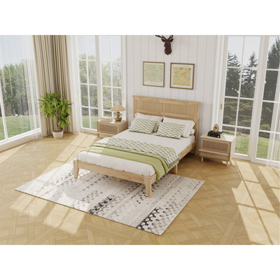 Full Size Solid Wood Bed with Rattan Headboard,Rubber Wood Bed with Central Support Beams and Enhanced Feet,Natural