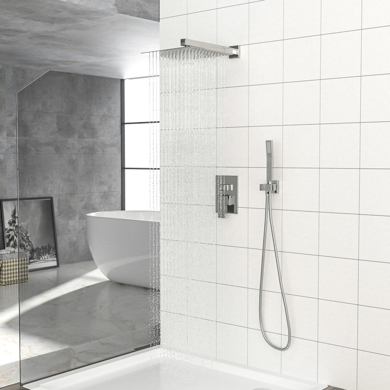 Pomme de douche double 10 pouces en nickel brossé - avec valve équilibrée, débit d'eau réglable et poche pour une baignoire carrée personnalisée