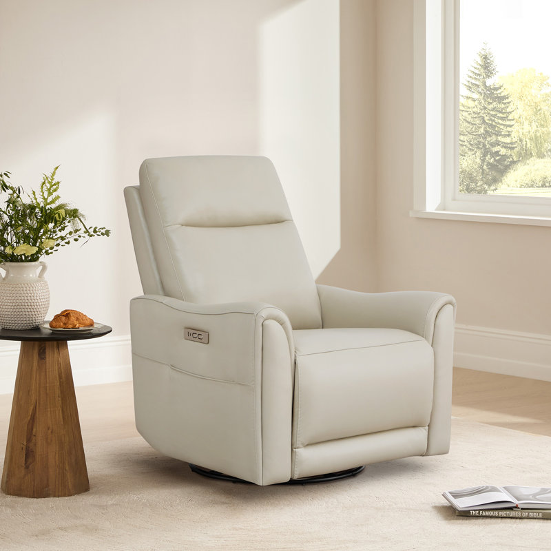 Fauteuil inclinable électrique pivotant en cuir véritable avec poche et port USB, Cuir fleur gris clair