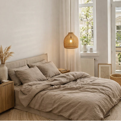 55% French Linen 45% Cotton 3 Pieces Duvet Cover Set in Beige/Dark Oatmeal Color