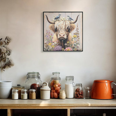 Décoration murale ferme de vache des Highlands de couleur neutre: Vache rustique et impression d'art sur toile de chrysanthème, cadeau pour la salle de bain ou la cuisine, œuvre d'art idéale pour le salon 24 * 24 pouces