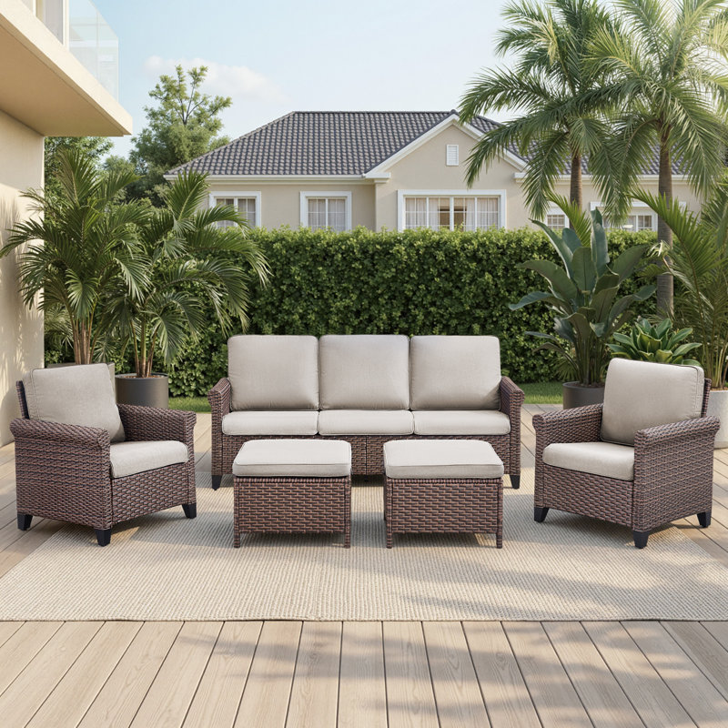 Ensemble de conversation pour canapé d'extérieur en osier 5 pièces avec fauteuils et repose-pieds, Beige