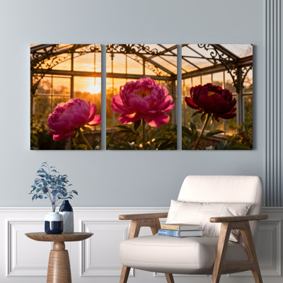 Fleurs de pivoines dans une serre coucher de soleil sur toile tendue, ensemble de 3 reproductions d'art