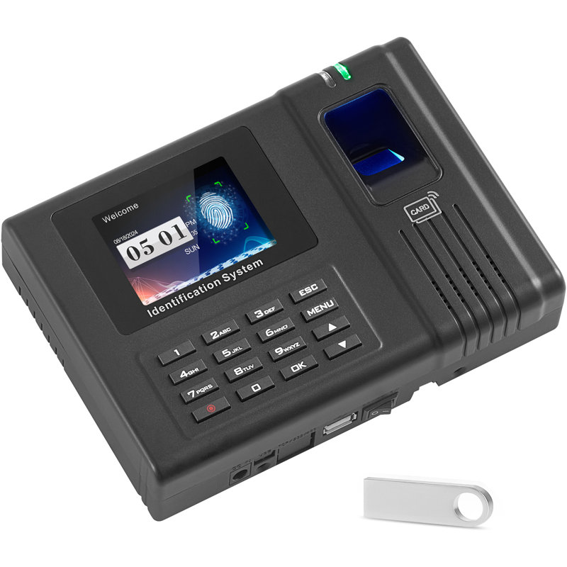Pointeuse biométrique avec 5 cartes RFID et clé USB, pointage automatique, pointeuse à empreintes digitales pour employés de petites entreprises, sans frais mensuels.
