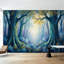 Papier peint adhésif pelez et collez, forêt, paysage, or bleu mystique, lumière magique, art mural fantaisiste, auto-adhésif et amovible-129024146