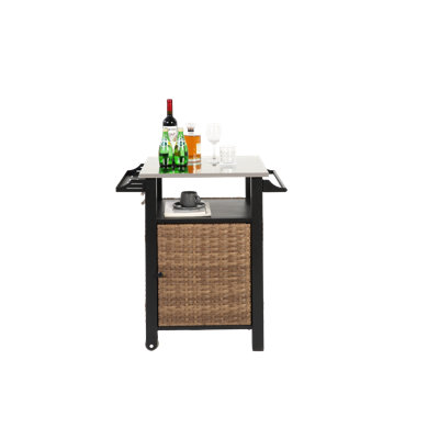 Single Door Bar Cart Outdoor, Brown Wicker Rolling Kitchen Cabinet With Stainless Steel Table Top And Wine Rack