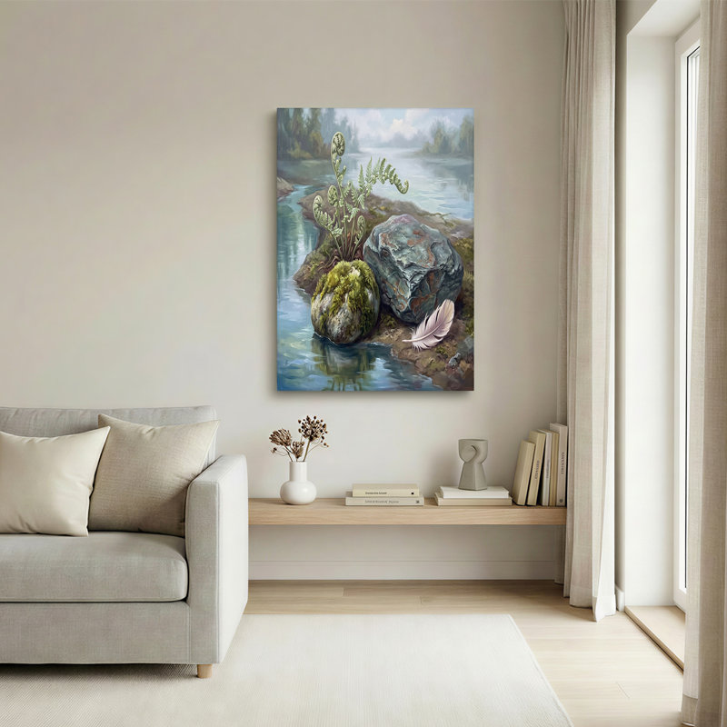«Green Ferns and Mossy Rocks» par River with Feather, art mural sur toile, H 20 po x l 30 po
