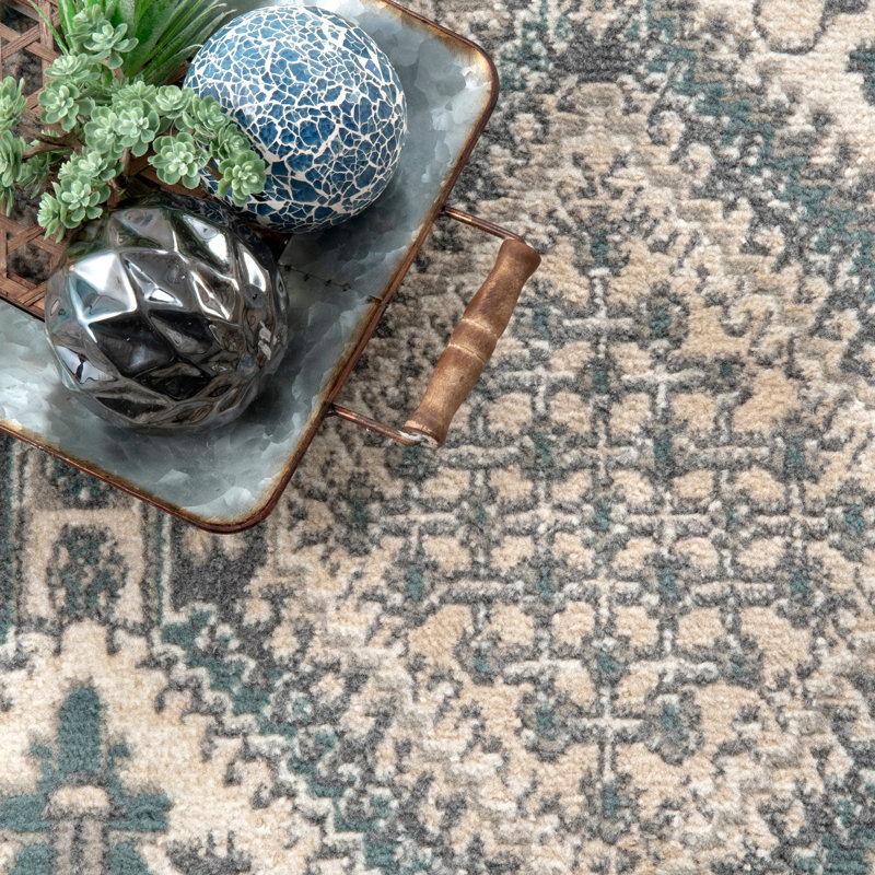 Tapis en tissu performance gris / bleu à motif carreauté traditionnel Joslyn, Rectangle 10 pi x 14 pi