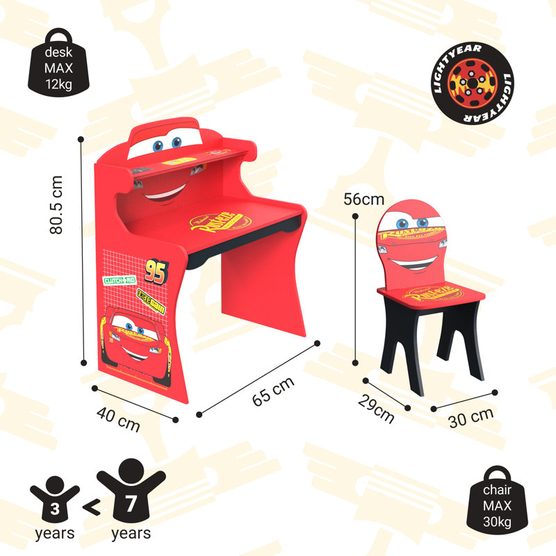 Disney Pixar Cars Lightning McQueen Kids Desk and Chair Set – Wooden Children's Writing Desk, Ideal for Homework, Homeschooling, Arts & Crafts, Drawing & Snack Time, Bedroom & Playroom, Ages 3–7