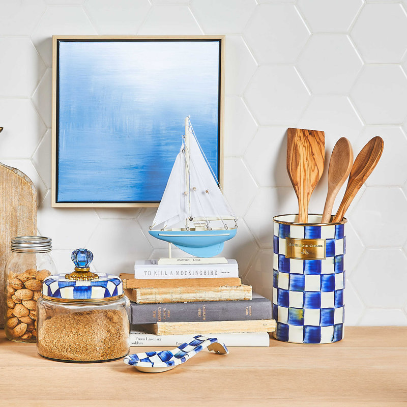 Royal Check Enamelware Utensil Holder in Blue and White