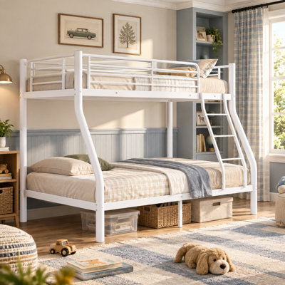Metal Twin Over Full Standard Bunk Bed with Guardrails and Built-In Ladder,Whtie