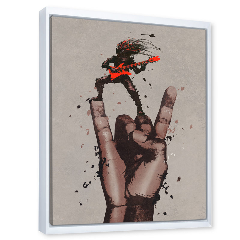Rock and Roll Sign with Guitarist - Peinture sur toile, H 32 po x l 24 po x P 1 po, Cadre flottant blanc