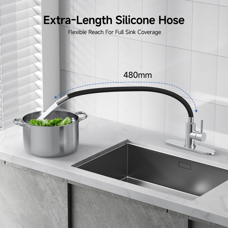 Robinet de cuisine chromé rétractable à poignée simple en acier inoxydable avec bonde en silicone, Chrome chrome