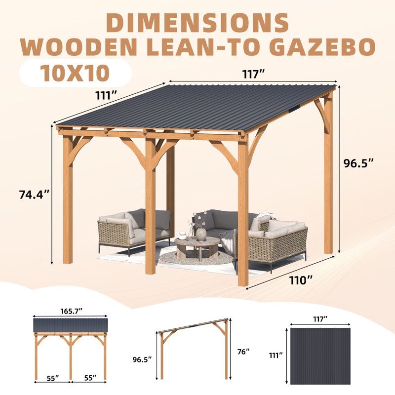 Patio Wood Lean To Hardtop Pergolas, 96" H x 117" W x 115" D