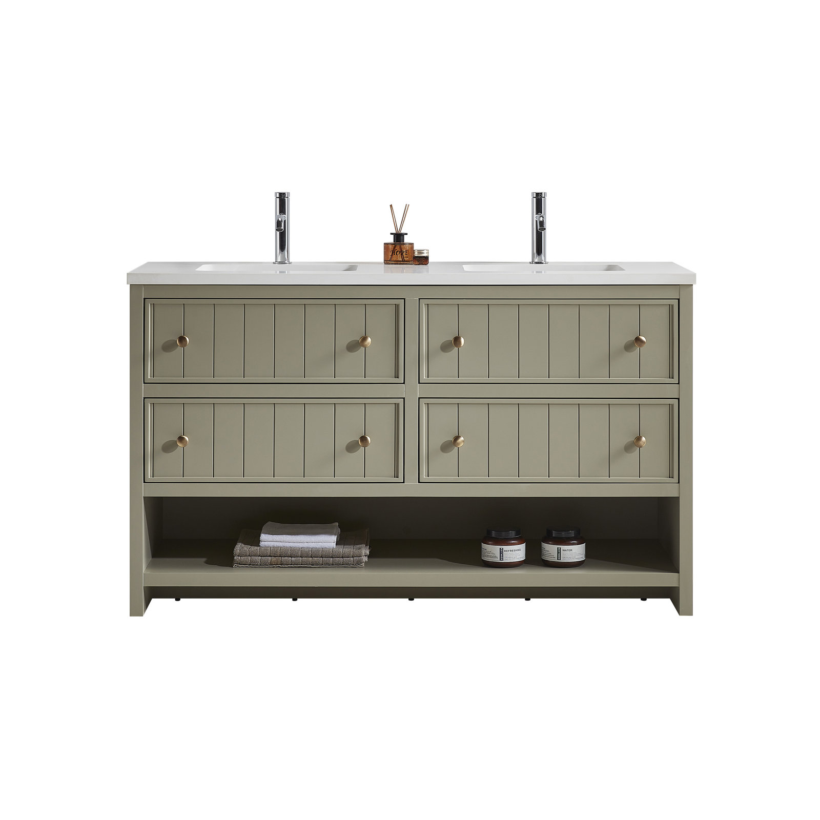 Rennes 60" Vintage Plywood Bathroom Vanity With Engineered Quartz Top, Olive