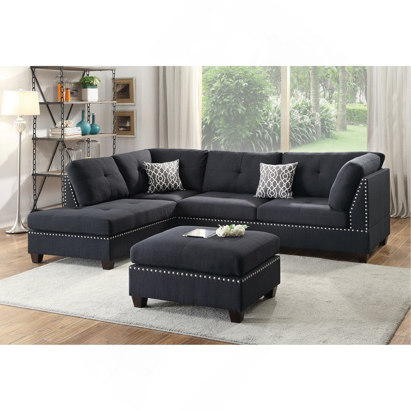 Reversible Polyfiber Sectional Sofa With Ottoman, Black