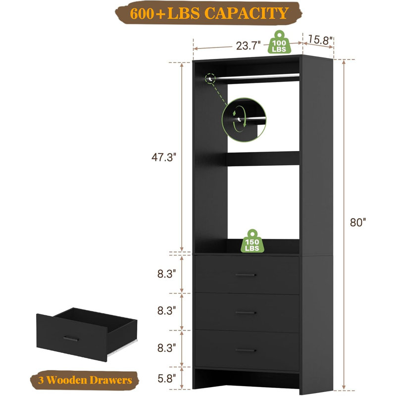 24'' W Closet System with Wooden Drawers, Black