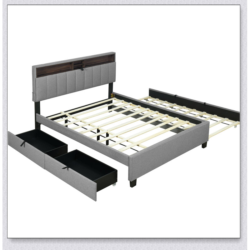 Lit plateforme tapissier avec tête de lit, gigogne simple, tiroirs et ports de chargement USB pour les chambres à coucher modernes