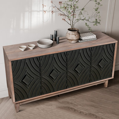 Buffet de style Mid-Century avec pieds en bois massif, crédence de 60 po avec 4 portes à losanges et 2 tablettes décoratives pour le salon, etc.