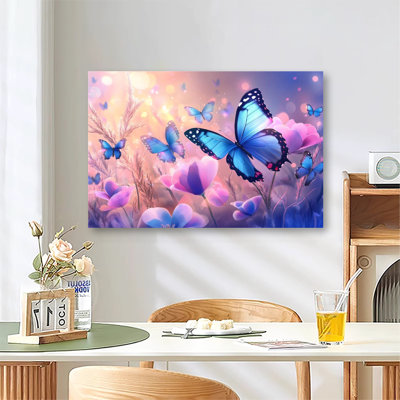Papillons Morpho bleus magiques survolant une prairie de fleurs roses onirique, grande toile tendue sur châssis pour salon ou chambre