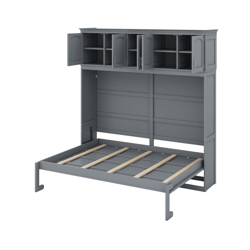Lit escamotable double avec armoires supérieures, Double, gris