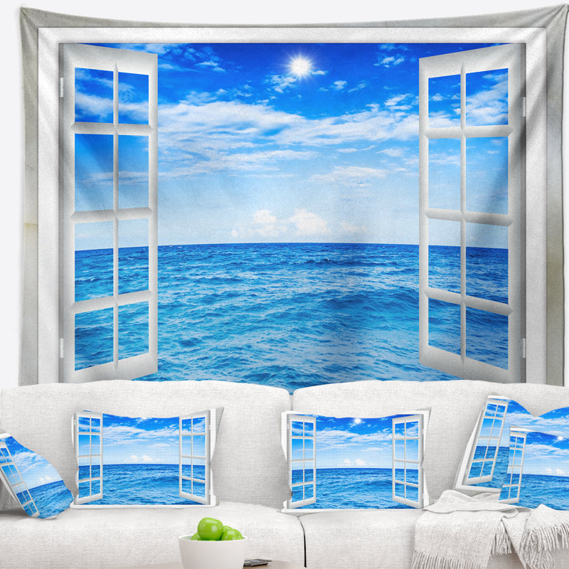 Tapisserie de mer ouvert à la fenêtre mer en ondulé bleu, H 32 po x l 39 po