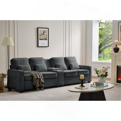 Canapé rembourré de 114 po avec console, 2 porte-gobelets et 3 ports USB câblés, canapé en tissu de lin moderne avec 4 coussins pour salon, appartement (4 places)