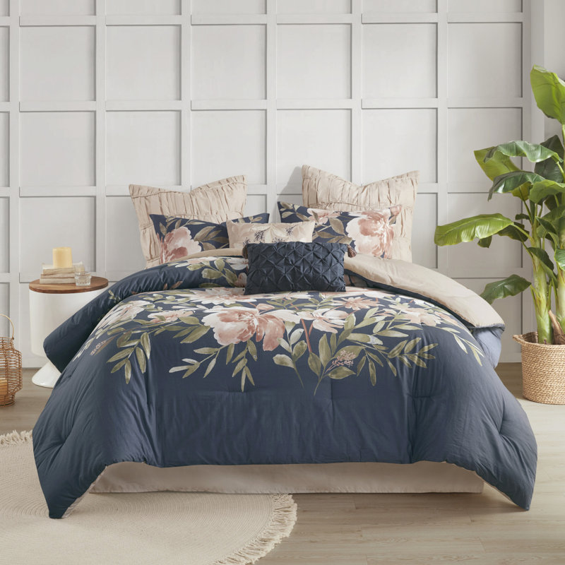Édredon 8 pièces pour très grand lit - Motif floral bleu marine, 2 coussins décoratifs, 1 taie décorative et 1 jupe