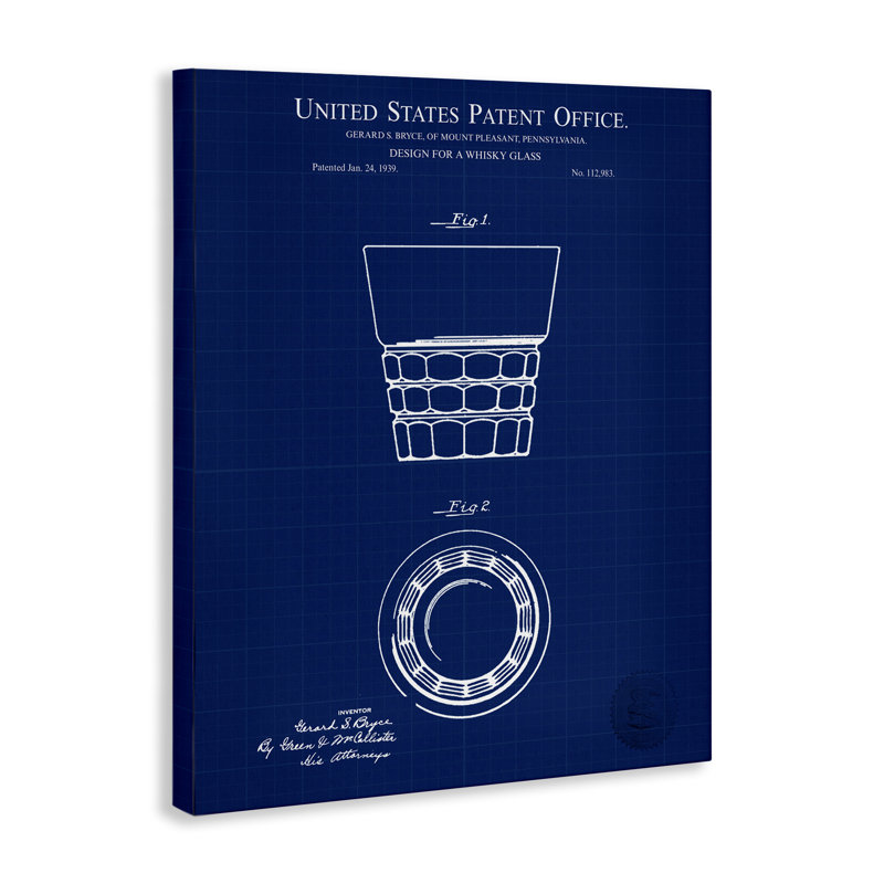 «Whiskey Glass Blueprint Canvas», art mural par Karl Hronek, H 20 po x l 16 po