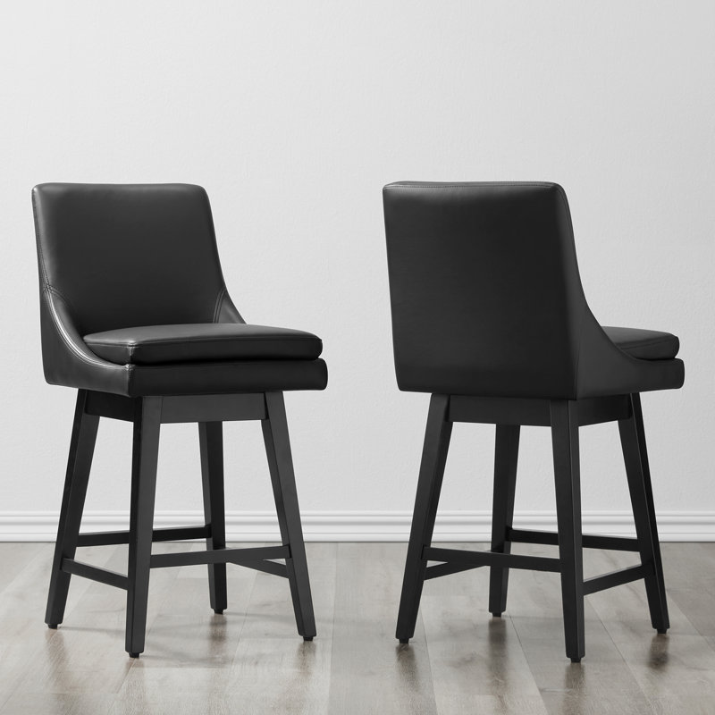 Aleksy Swivel Upholstered Counter Stool with Solid Wood Frame, Black, Counter Stool (26.5" Seat Height)