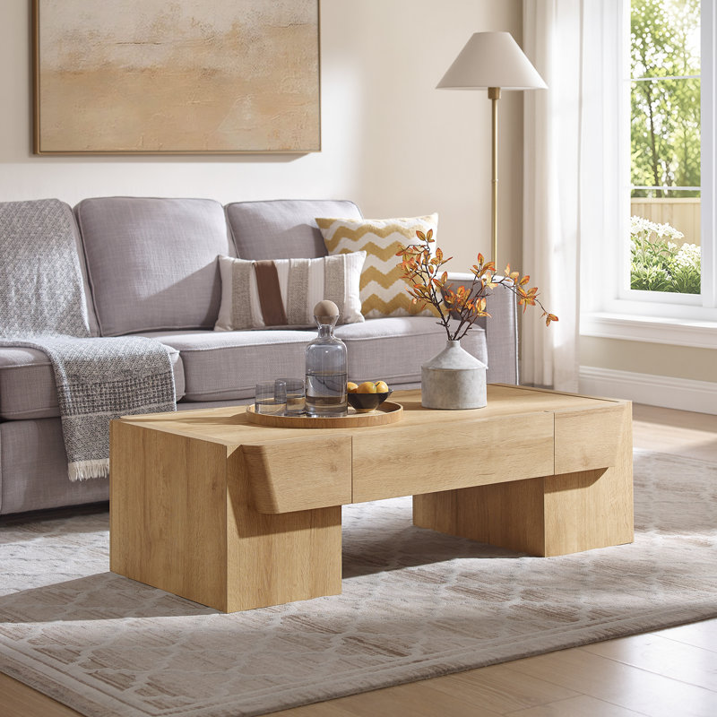 48''W Coffee Table with Storage Drawer, Square Wood Coffee Table for Living Room, Natural Oak