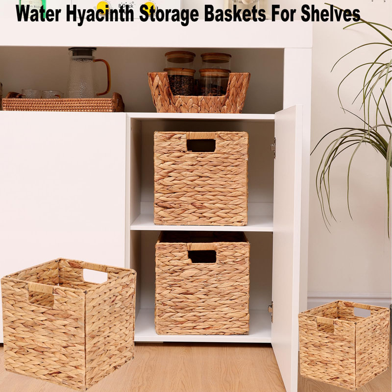 Wicker Storage Cubes Wicker Storage Baskets Rectangular Laundry Organizer Totes For Shelves,Foldable Handwoven Water Hyacinth Storage Baskets For Organizing Set Of 2 Pcs.