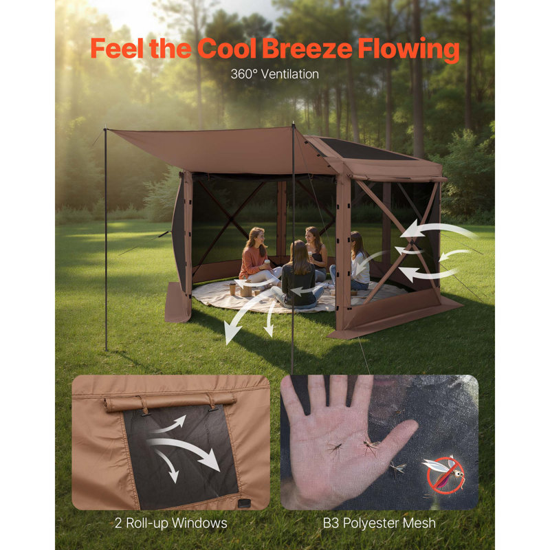 Pop up Gazebo Screen Tent, 12 x 12 ft Large 6-Sided Camping Canopy Tent with Removable Top & Carry Bag, Quick-Set & Bite-Proof, Screen House Sun Shelter for 8-10 Persons Backyard Patio, Brown