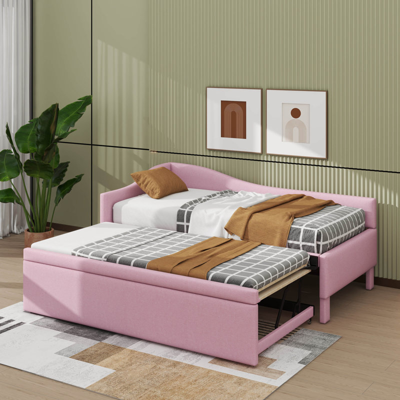 L-Shaped Twin-Sized Daybed With Pop-Up Trundle Bed Design, Pink