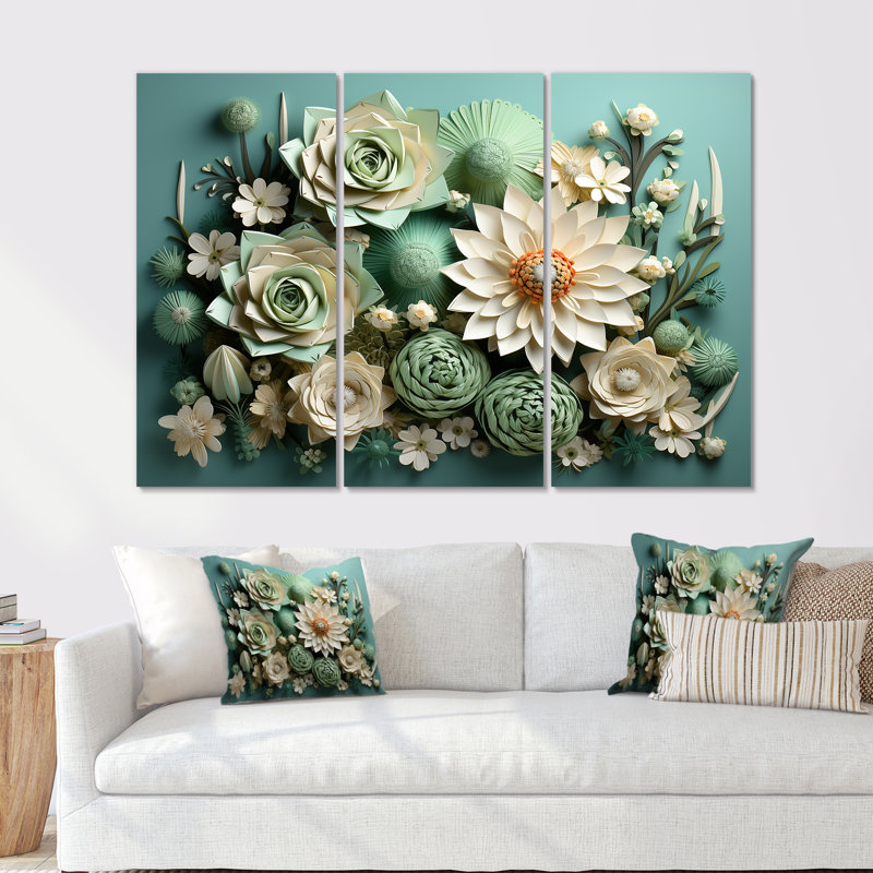«Cactus Mint Mirage I», ensemble d'art mural sur toile cactus floral, H 40 po x l 60 po x P 1 po