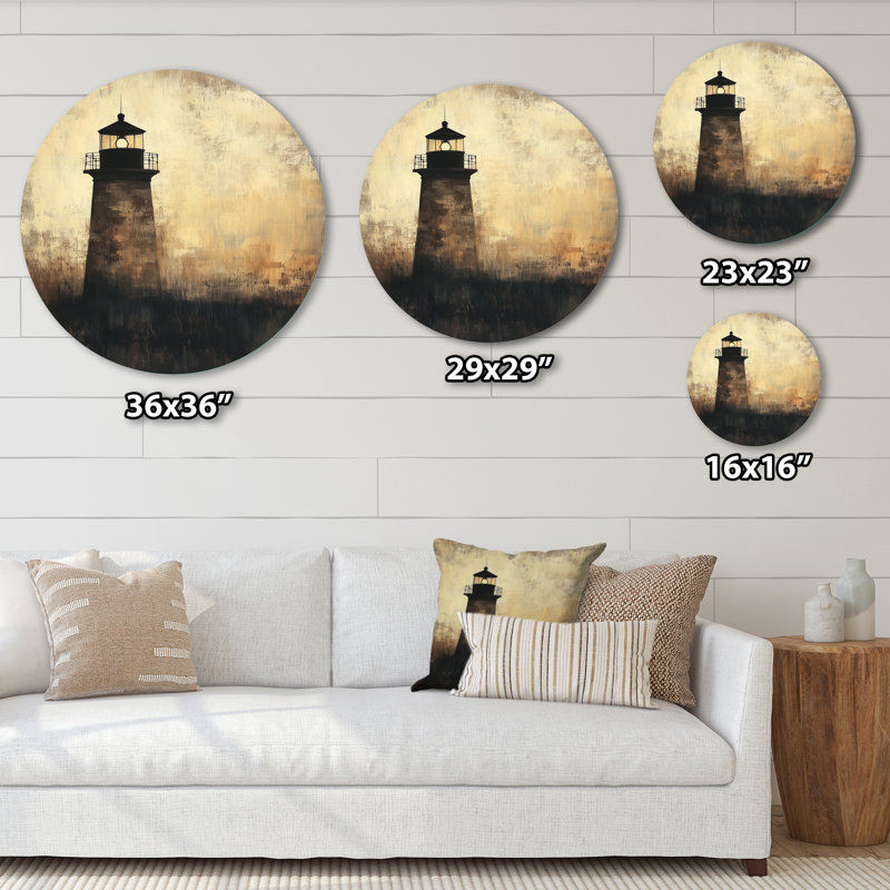Phare du Crépuscule Doré V - Décoration murale ronde en métal sur le thème nautique, H 23 po x l 23 po